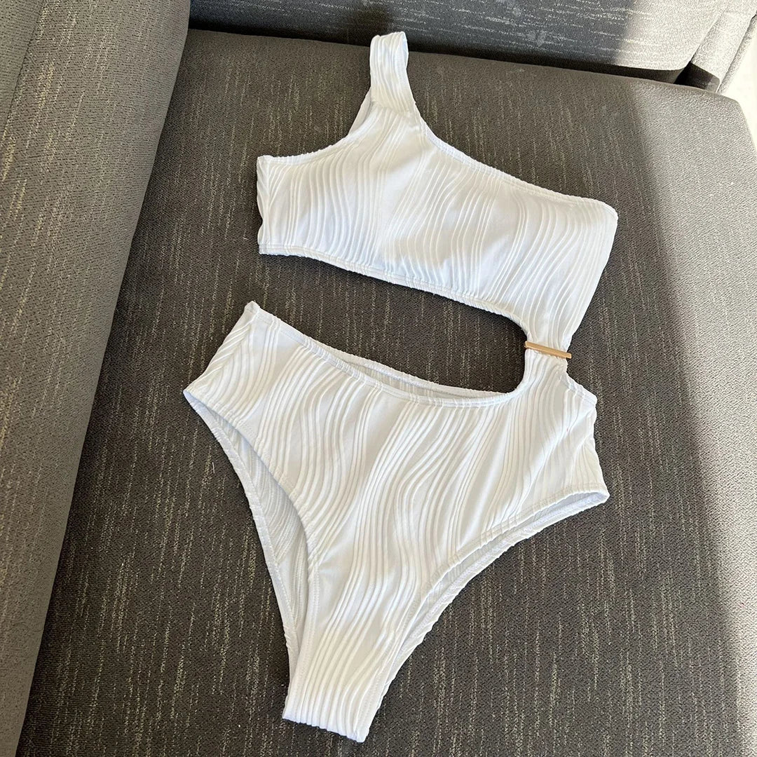 Damen Badeanzug asymmetrisch Cut-Out gerüscht One-Shoulder gepolstert