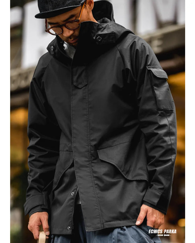 Herren Outdoor Sport Kapuzenjacke Windjacke Motorrad Stil Mittellanger Mantel Taschen Herbst