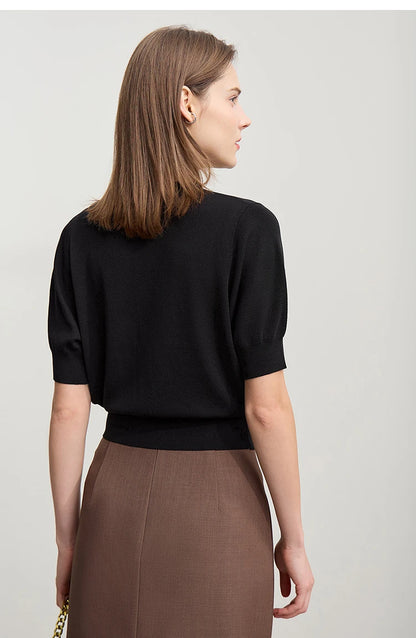 Damen-Strickjacke V-Ausschnitt Metallschnalle kurz weich Büro Frühling
