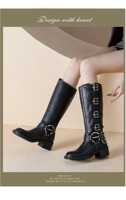AIYUQI Women Cowboy Boots 2025 Autumn New Belt Buckle Women Marton Boots British Style Large Size 41 42 43 Women Long Boots