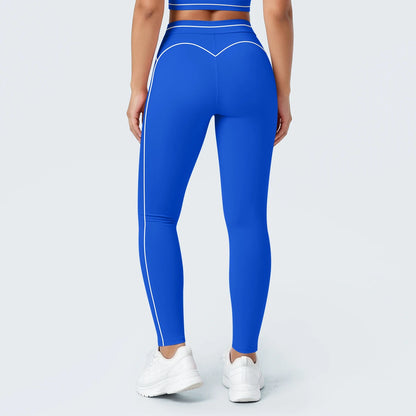 Nahtlose Yoga-Leggings mit hoher Taille, blau, formgebender Naht am Gesäß und Kontrastlinien.