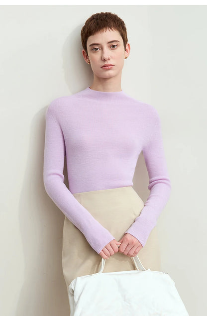 Fliederfarbener Damen-Strickpullover mit langen Ärmeln und geripptem Bündchen