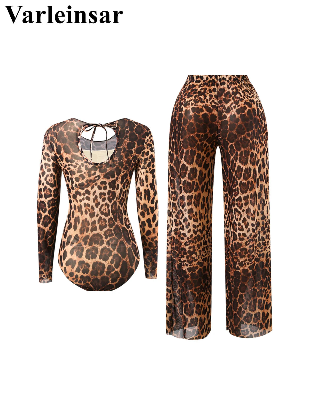 Damen Badeanzug Langarm Leopardenmuster mit Hose Einteiler gepolstert