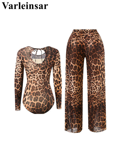 Damen Badeanzug Langarm Leopardenmuster mit Hose Einteiler gepolstert