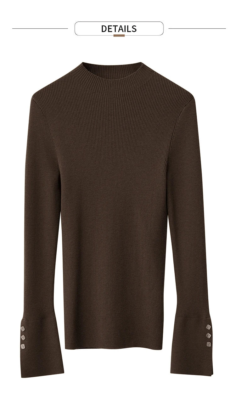 Damen-Strickpullover mit Stehkragen, schmaler Passform, braunem Rippstrick und langen Ärmeln