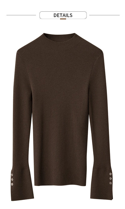 Damen-Strickpullover mit Stehkragen, schmaler Passform, braunem Rippstrick und langen Ärmeln