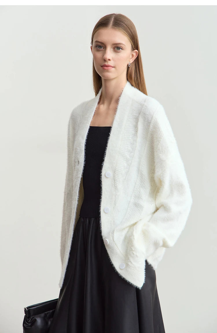 Damen-Strickjacke V-Ausschnitt Nerz-Imitat locker dick Winter