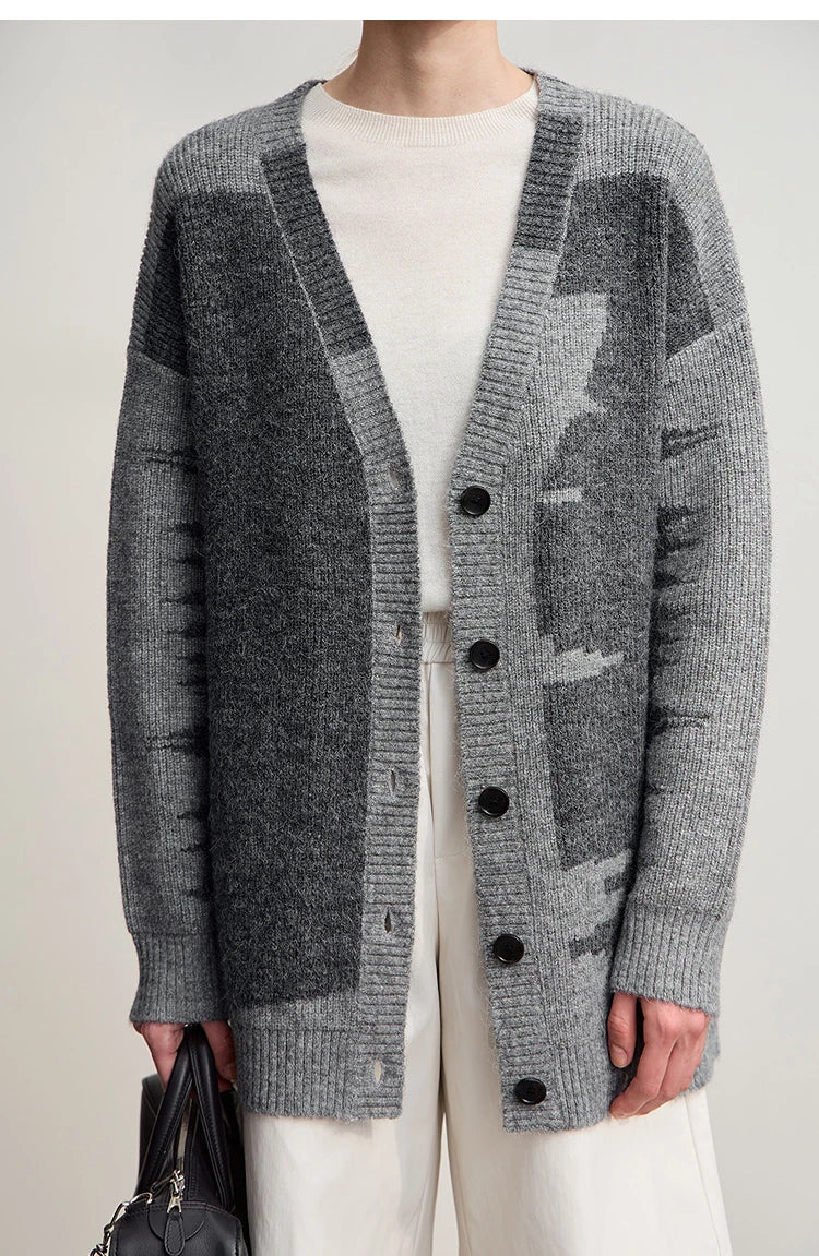 Damen V-Ausschnitt Cardigan lang Patchwork Wolle-Mix Winter