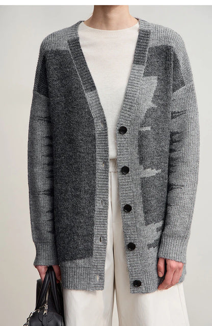Damen V-Ausschnitt Cardigan lang Patchwork Wolle-Mix Winter