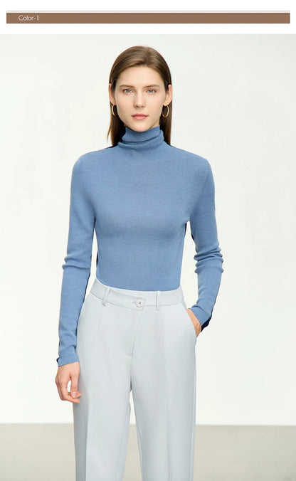 Damen-Rollkragenpullover Wolle-Mix Patchwork schlank Winter