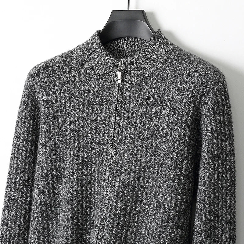 2025 Herbst und Winter Pullover aus reiner Wolle für Herren, neue Strickjacke mit Reißverschluss, Mantel, halb Stehkragen, lockeres Freizeithemd, AB-Farbstrickwaren