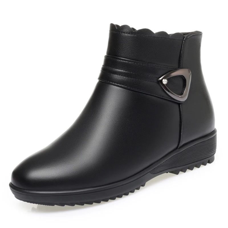 Damen Schneestiefel aus echtem Leder mit rutschfestem flachem Boden