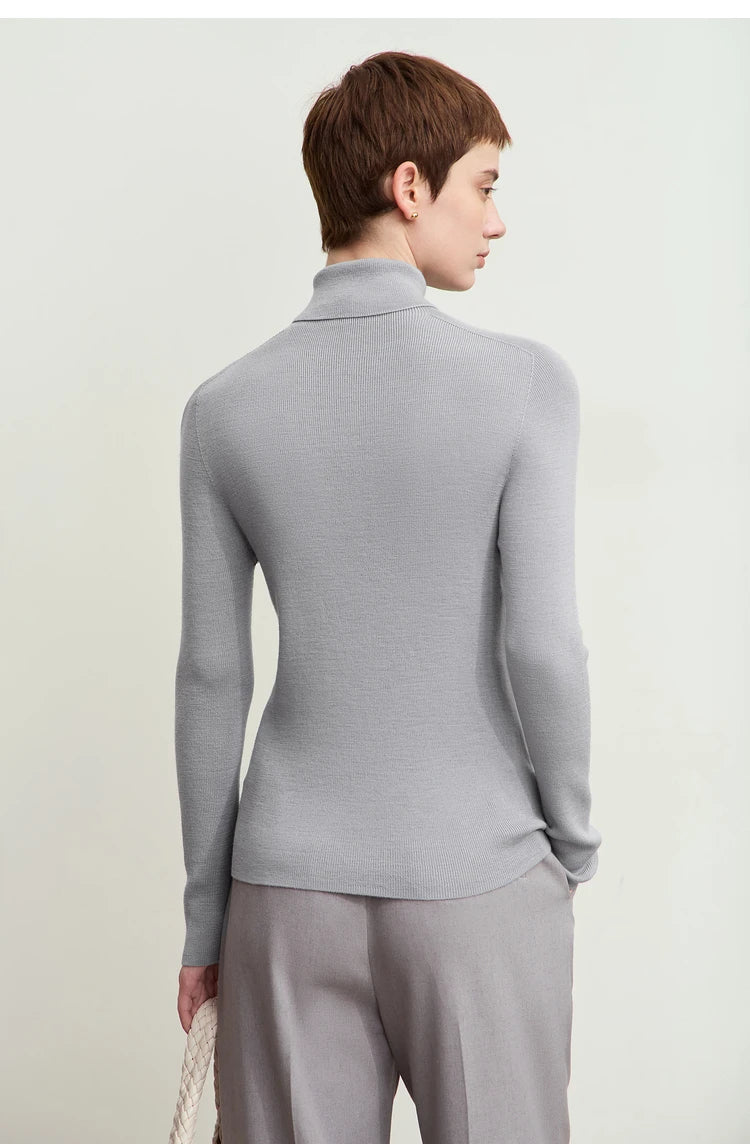 Damen-Rollkragenpullover 100 % Wolle Kammgarn schlank Winter