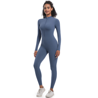 Damen-Sport-Overall, dunkelblau, langarm, Nahtlos-Slim-Fit, Frontreißverschluss