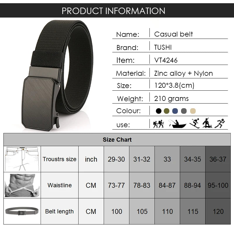 Herren-Gürtel Elastisch mit verstellbarer Passform und Automatische Schnalle aus Nylon 38 Mm Breite