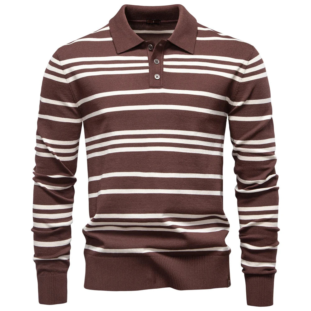Langarm-Poloshirt für Herren, braun mit weißen Streifen und Knopfleiste