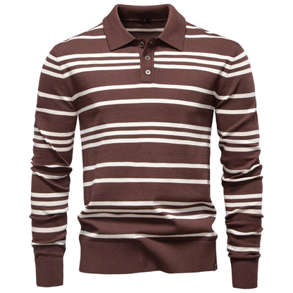 Langarm-Poloshirt für Herren, braun mit weißen Streifen und Knopfleiste