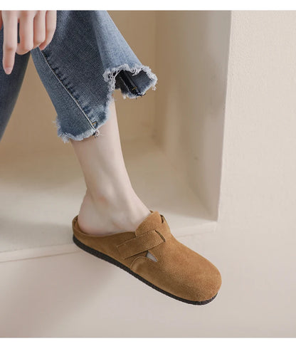 AIYUQI Hausschuhe Frauen Echt Leder 2025, Neue Große Größe 41 42 43 Frauen Sommer Schuhe Retro Oberbekleidung Flache Faule halbe Hausschuhe Frauen