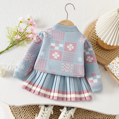 Mädchen Kleidung Set mit O-Neck Stricken Tops und Falten Röcken