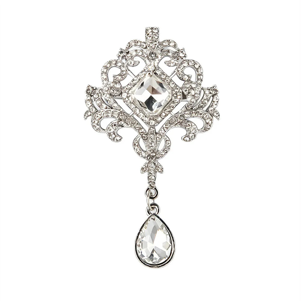 Brosche Strass Wassertropfen Kristall Anhänger Barock Vintage Reversnadel