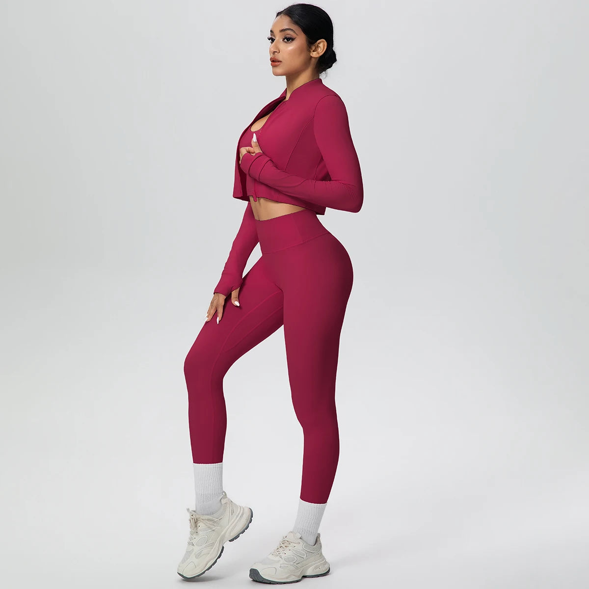 Burgunderfarbenes Yoga-Set: Langarm-Zip-Jacke und High-Waist-Leggings