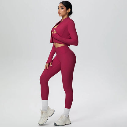 Burgunderfarbenes Yoga-Set: Langarm-Zip-Jacke und High-Waist-Leggings
