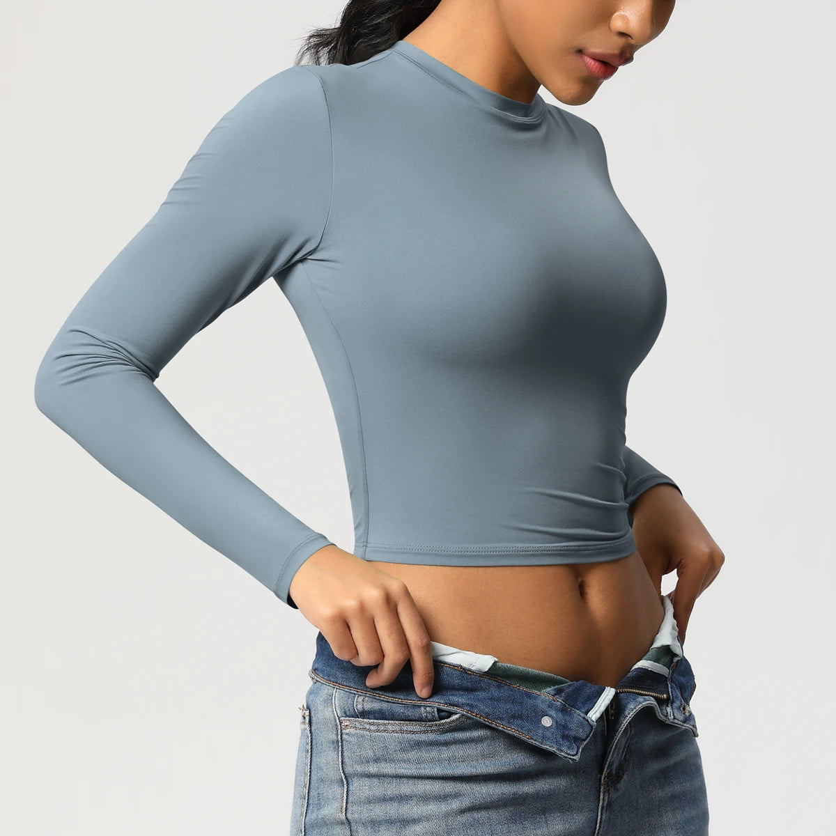 Damen-Langarmshirt Slim Fit blau-grau mit Rundhals und langen Ärmeln, körpernah