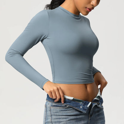 Damen-Langarmshirt Slim Fit blau-grau mit Rundhals und langen Ärmeln, körpernah