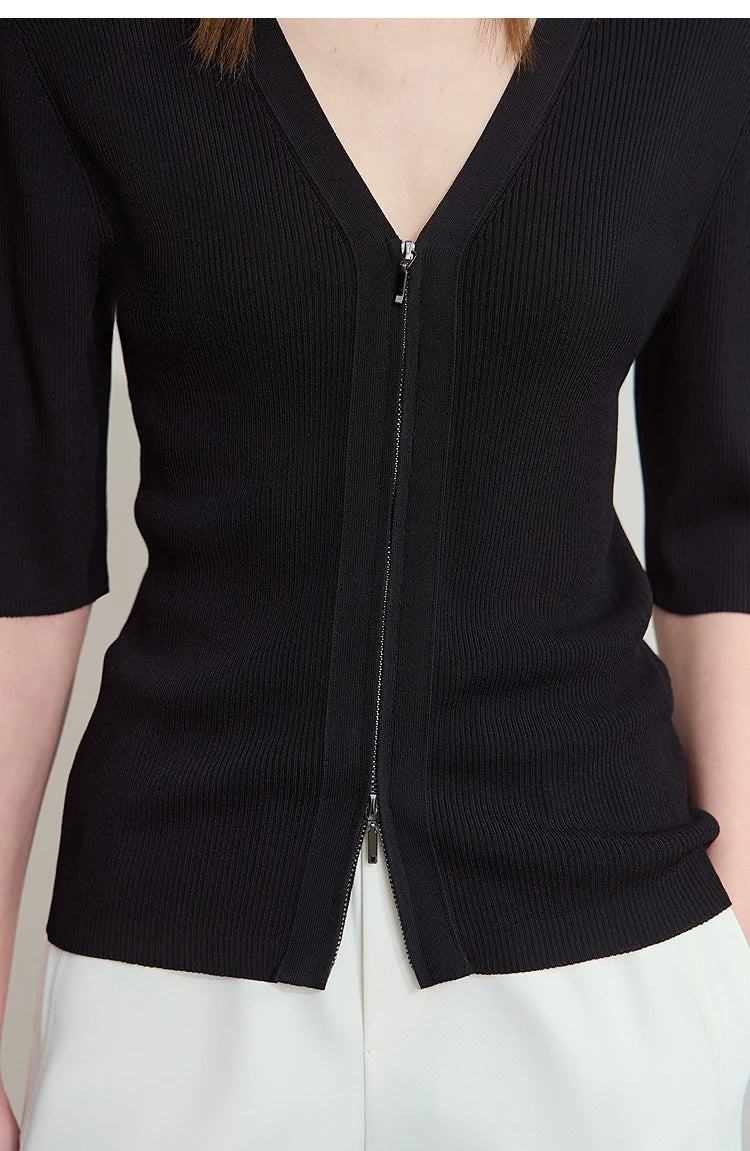Damen V-Ausschnitt Strickjacke Slim Reißverschluss Viskose Herbst
