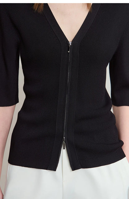 Damen V-Ausschnitt Strickjacke Slim Reißverschluss Viskose Herbst