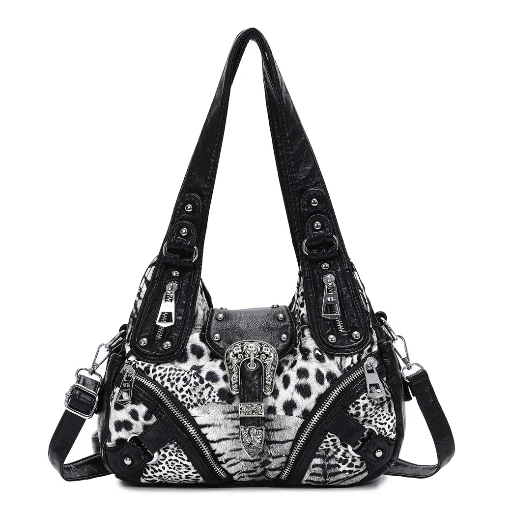 Damen-Schultertasche Patchwork Leopardmuster Mit Innenfach Und Handyfach Für Alltagsoutfits