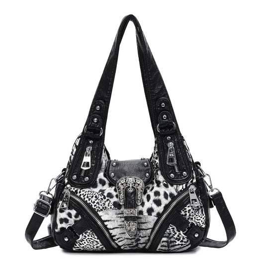 Damen-Schultertasche Patchwork Leopardmuster Mit Innenfach Und Handyfach Für Alltagsoutfits