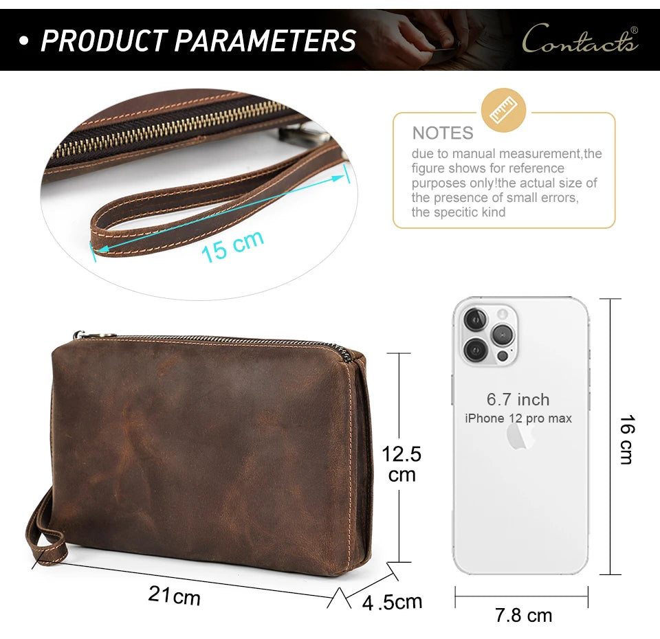 Braune Leder-Clutch mit Reißverschluss, ca. 21×12,5×7,8 cm, für Smartphone