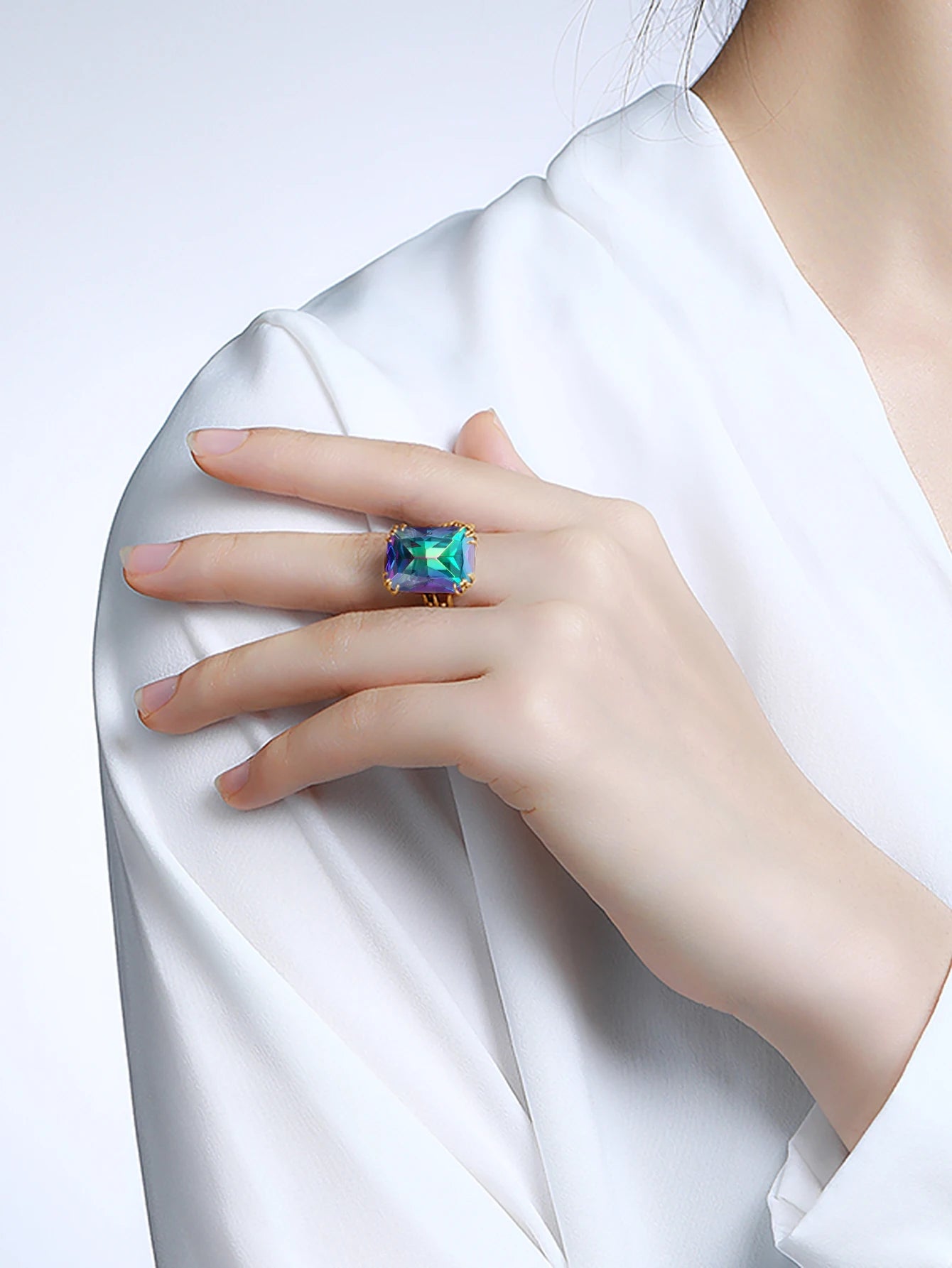 Damen-Ring aus Sterlingsilber 925 mit Regenbogen-Topas und Zirkonia, Vintage-Design, Brillantschimmer