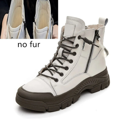 Cremefarbener Damensneakerstiefel ohne Fellfutter, mit Schnürung und Reißverschluss