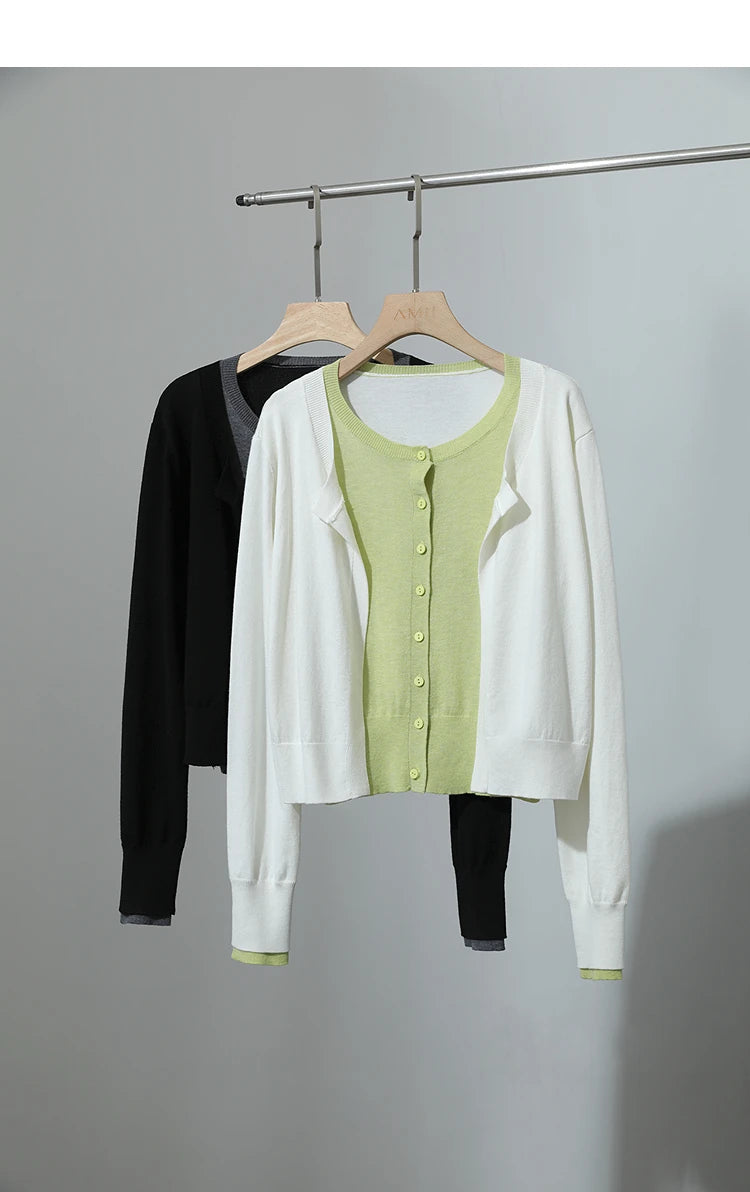 Damen-Strickjacke Patchwork sanft locker Langarm vielseitig Herbst