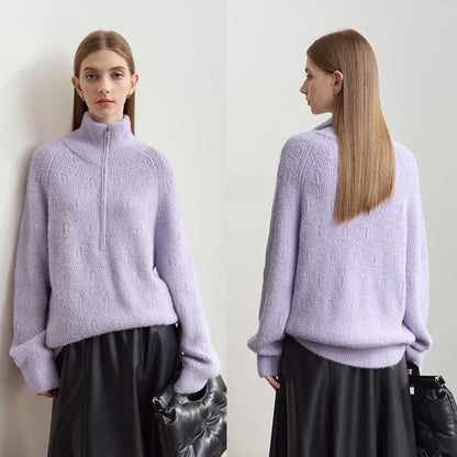 Damen-Rollkragenpullover Reißverschluss Nerz-Optik locker Winter