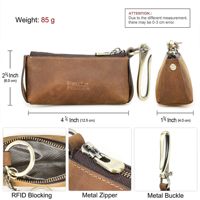 Leder-Schlüssel-Etui in Braun mit Reißverschluss, Metallösen und Schlüsselbund