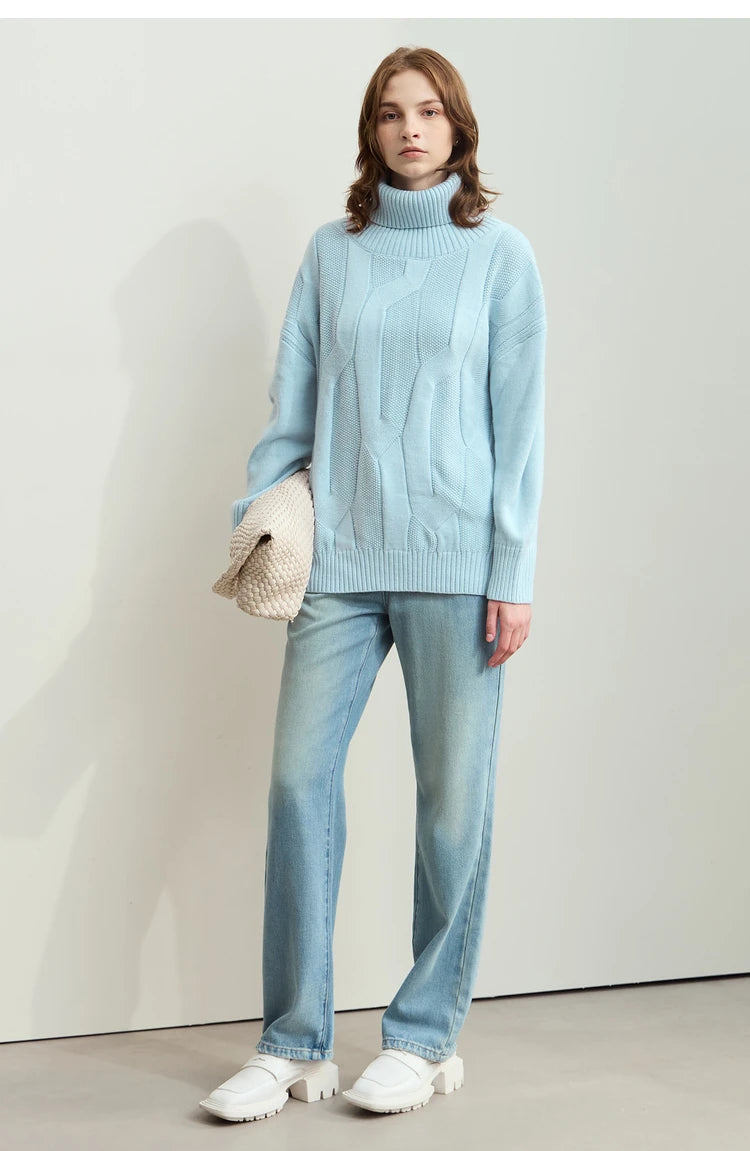 Damen-Rollkragenpullover locker Wolle-Mix lang Winter