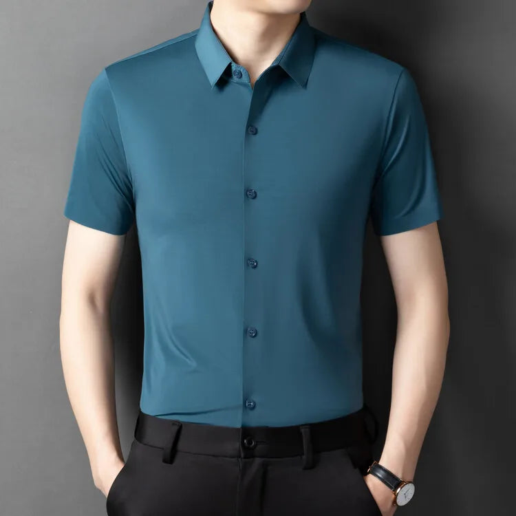 Herren-Hemd mit Vier-Wege-Stretch, Farbblock-Diamantmuster und Knopfleiste – ideal für Business-Casual und formelle Anlässe.