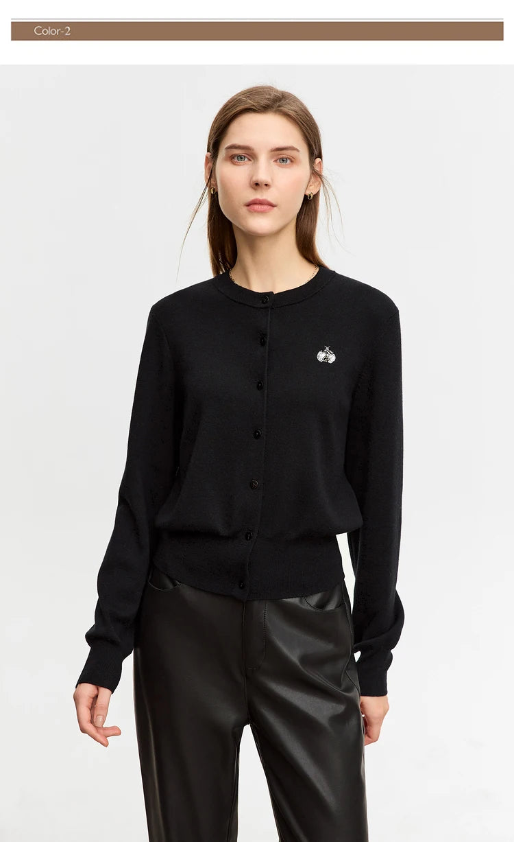 Damen-Rundhals-Strickjacke Wolle-Seide Perlenstickerei Knöpfe Herbst-Winter