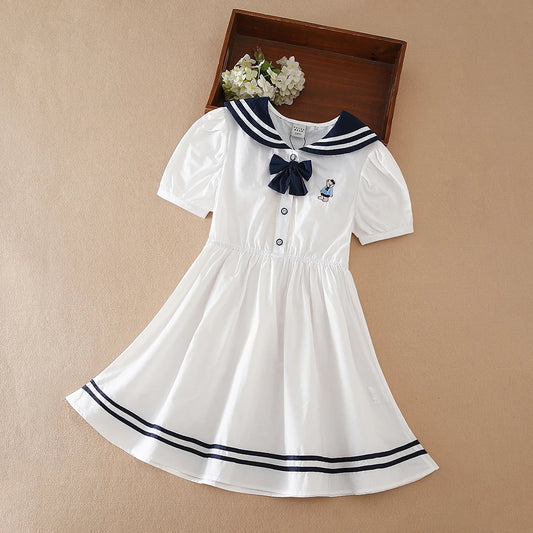 Girls Dress 100% Cotton White Sailor Back to School Dress Suitable for 5-12  Years Old Girls Short Sleeved Summer Dresses