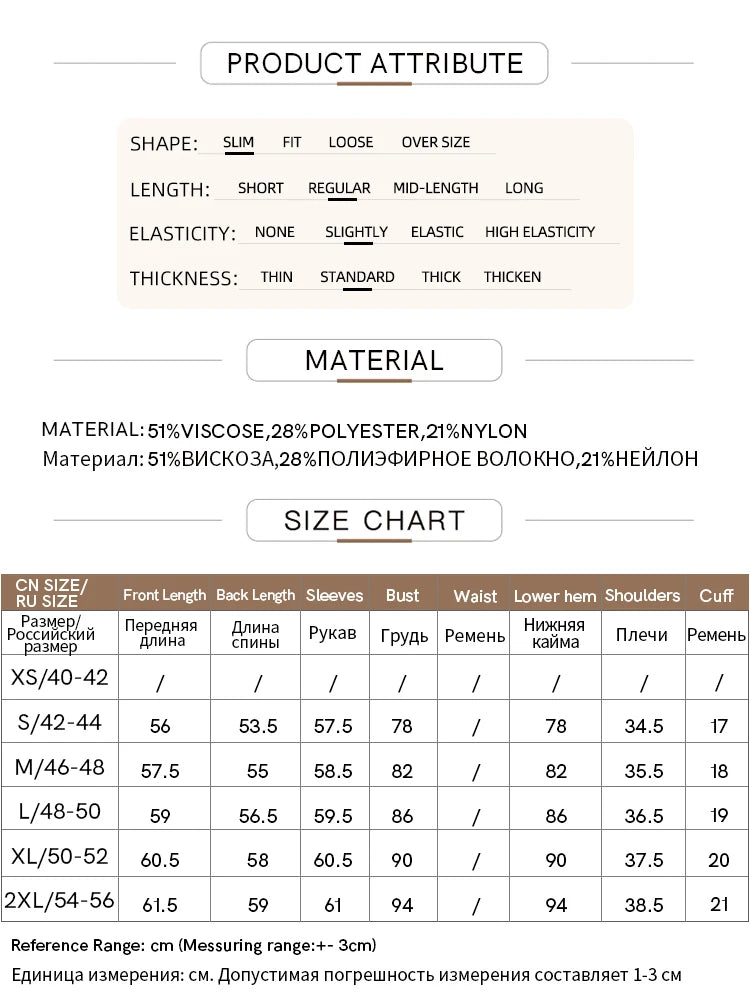 Produktattribute-Tabelle: Slim bis Oversize, elastisch, Material- und Dickenangaben