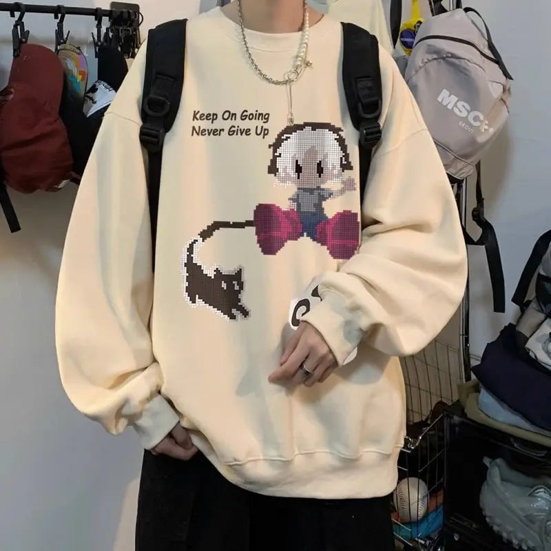 Japanischer Vintage-Pullover mit Fleece, Rundhalsausschnitt und Print – Lässiger Langarm-Hoodie für Herren im Winter.