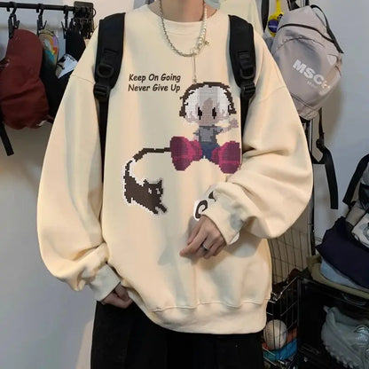 Japanischer Vintage-Pullover mit Fleece, Rundhalsausschnitt und Print – Lässiger Langarm-Hoodie für Herren im Winter.