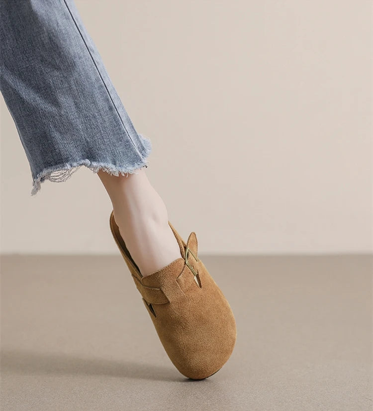 AIYUQI Hausschuhe Frauen Echt Leder 2025, Neue Große Größe 41 42 43 Frauen Sommer Schuhe Retro Oberbekleidung Flache Faule halbe Hausschuhe Frauen
