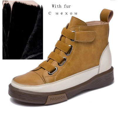 Damen-Winterstiefel-Ankle-Boots, gelbbraunes Leder, mit Schnallenriemen und flacher Sohle