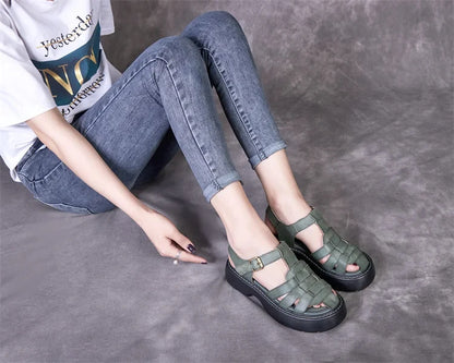 AIYUQI Sandalen Frauen Sommer 2025, Neue Echtes Leder Baotou Römischen Sandalen Damen Retro Hohl Gewebt Frauen Sandalen