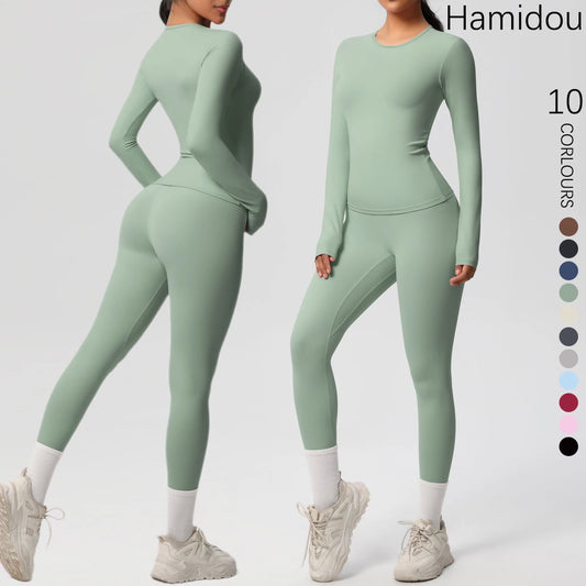 Gym-Leggings-Set, langarm, hellgrün, enganliegend mit kurzem Beinabschluss