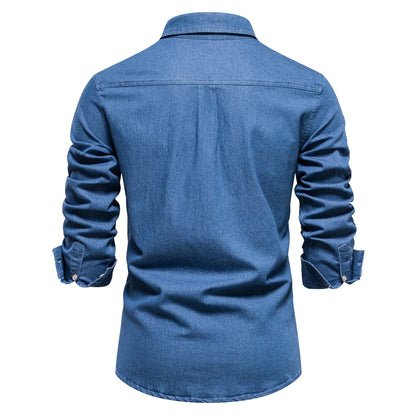Herren Hemd aus Baumwolle im einfarbigen Denim-Look mit Tasche